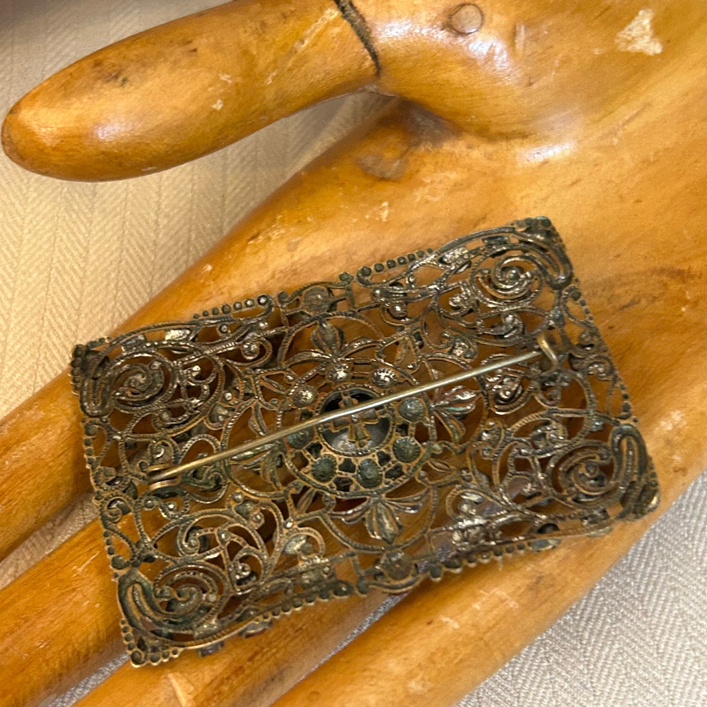 Filigree With Orange Rhinestones Brooch