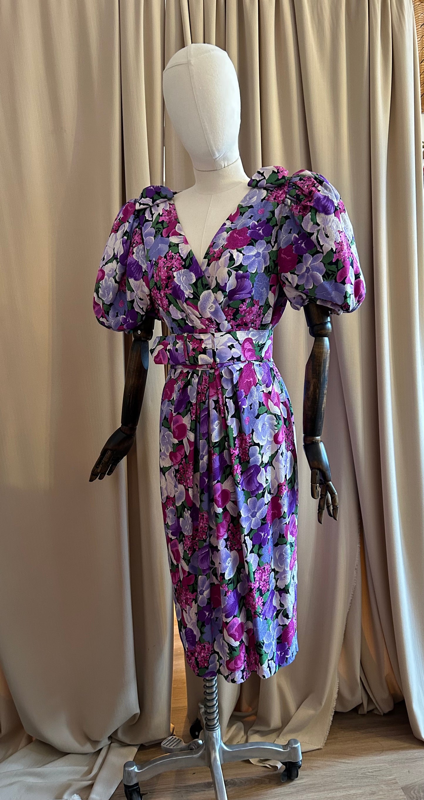 Floral Silk Balloon Sleeve Dress