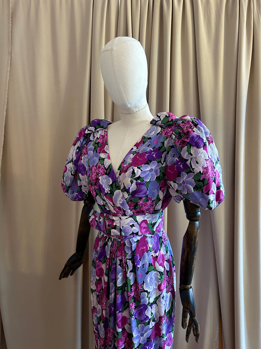 Floral Silk Balloon Sleeve Dress