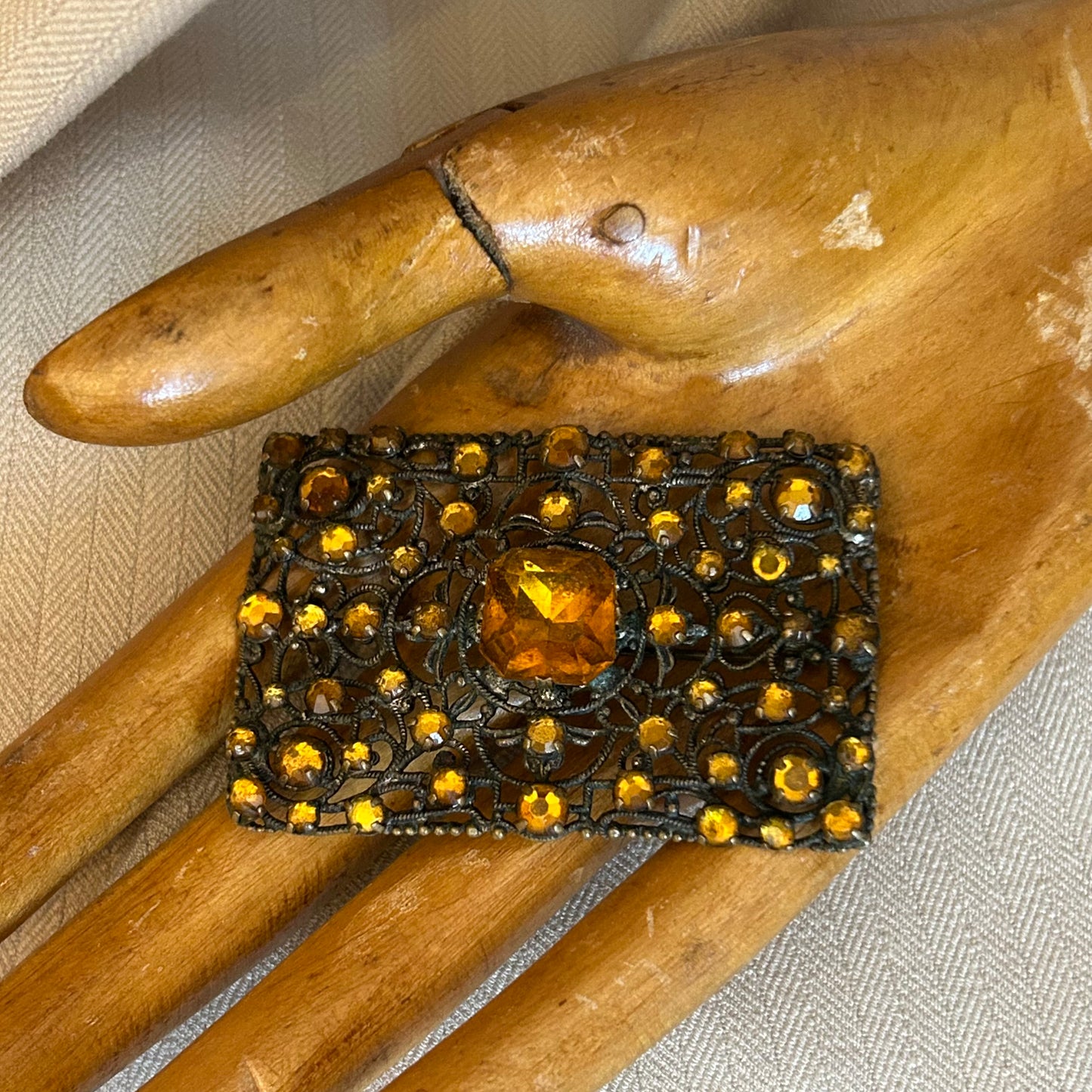 Filigree With Orange Rhinestones Brooch