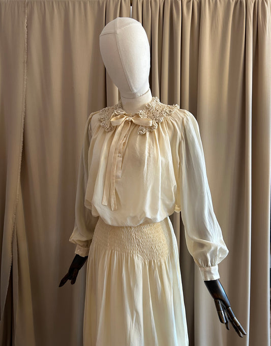 Smocked Silk and Crochet Two Piece