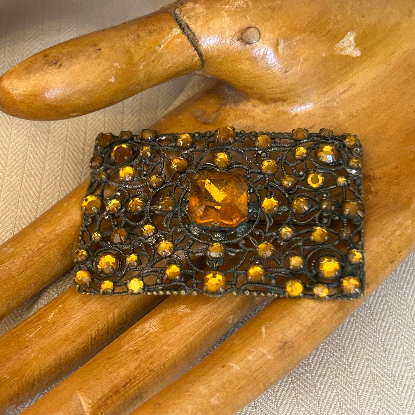 Filigree With Orange Rhinestones Brooch