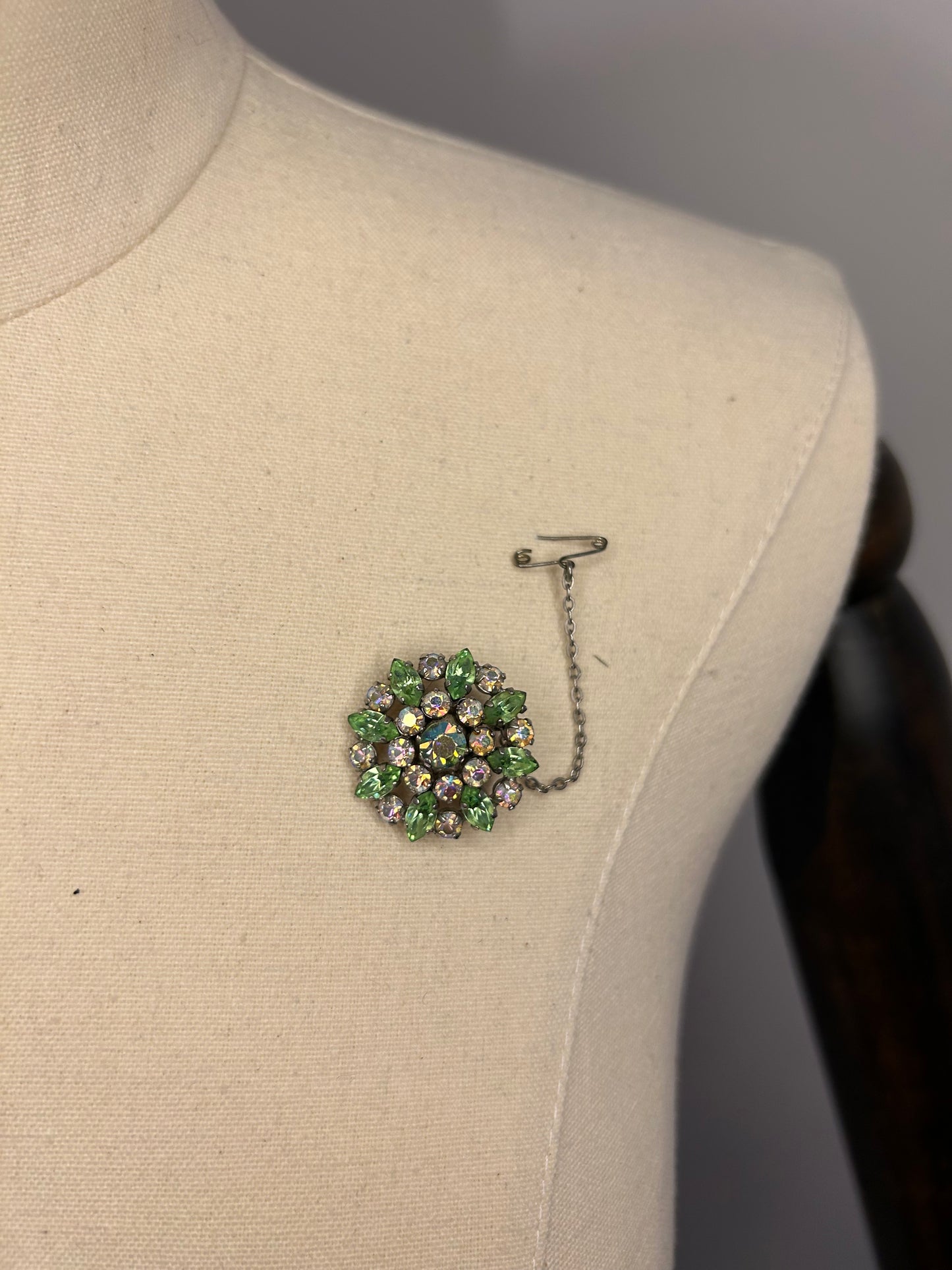 Green And White Diamanté Brooch