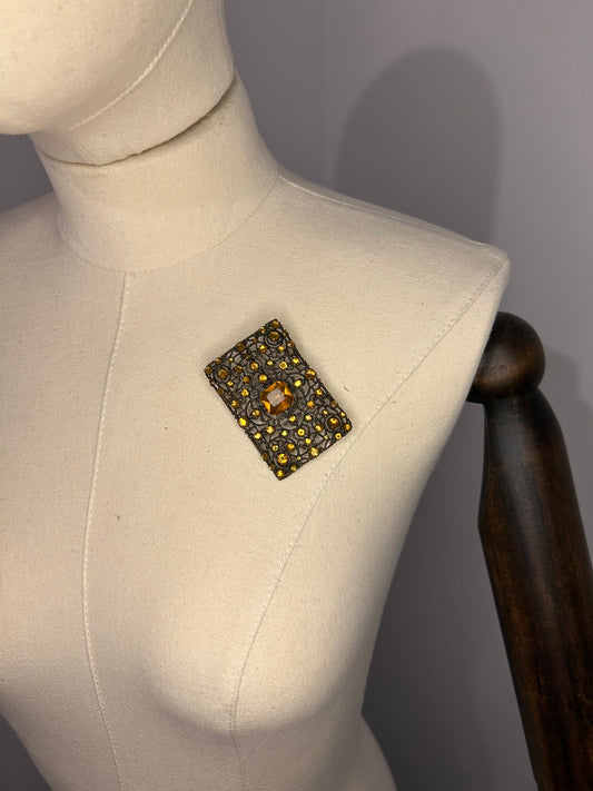 Orange Diamanté Filigree Brooch