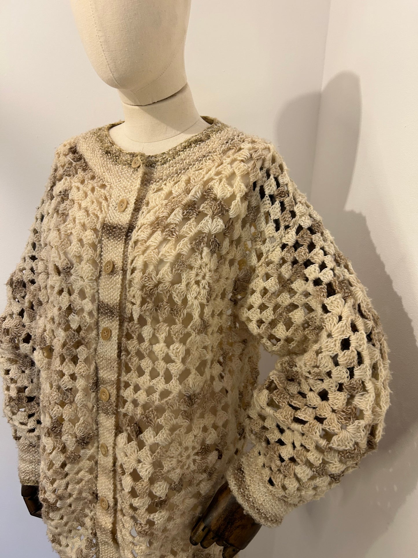 Cream and Brown Crochet Cardigan