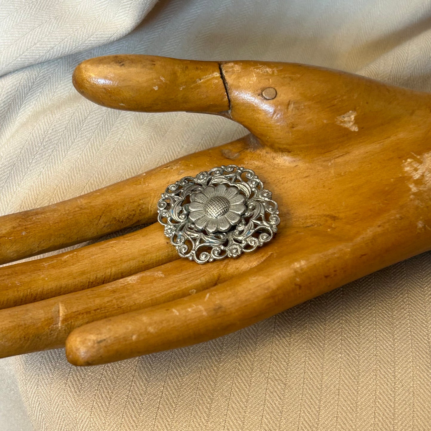 Silver Tone Filigree Brooch