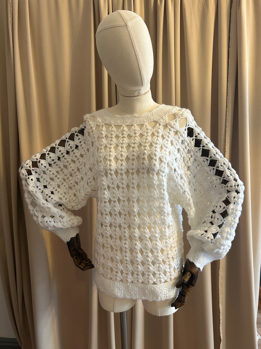 White Crochet Balloon Sleeve Jumper
