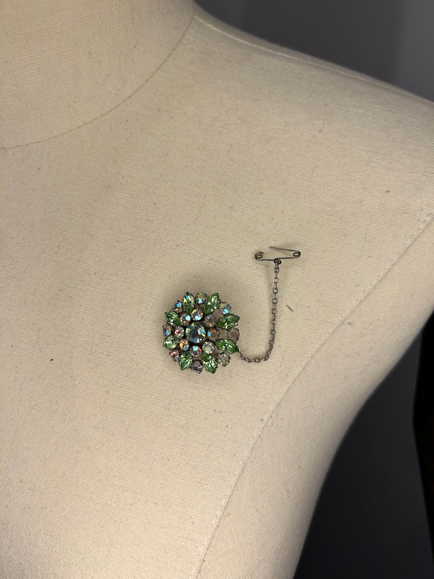 Green And White Diamanté Brooch