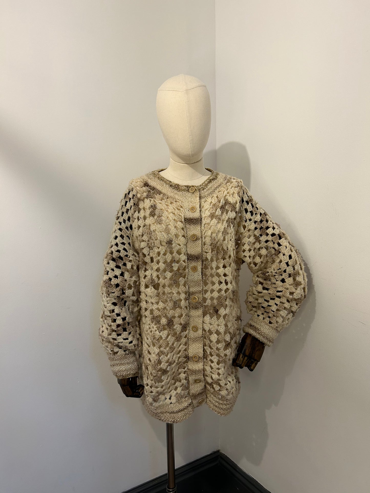 Cream and Brown Crochet Cardigan