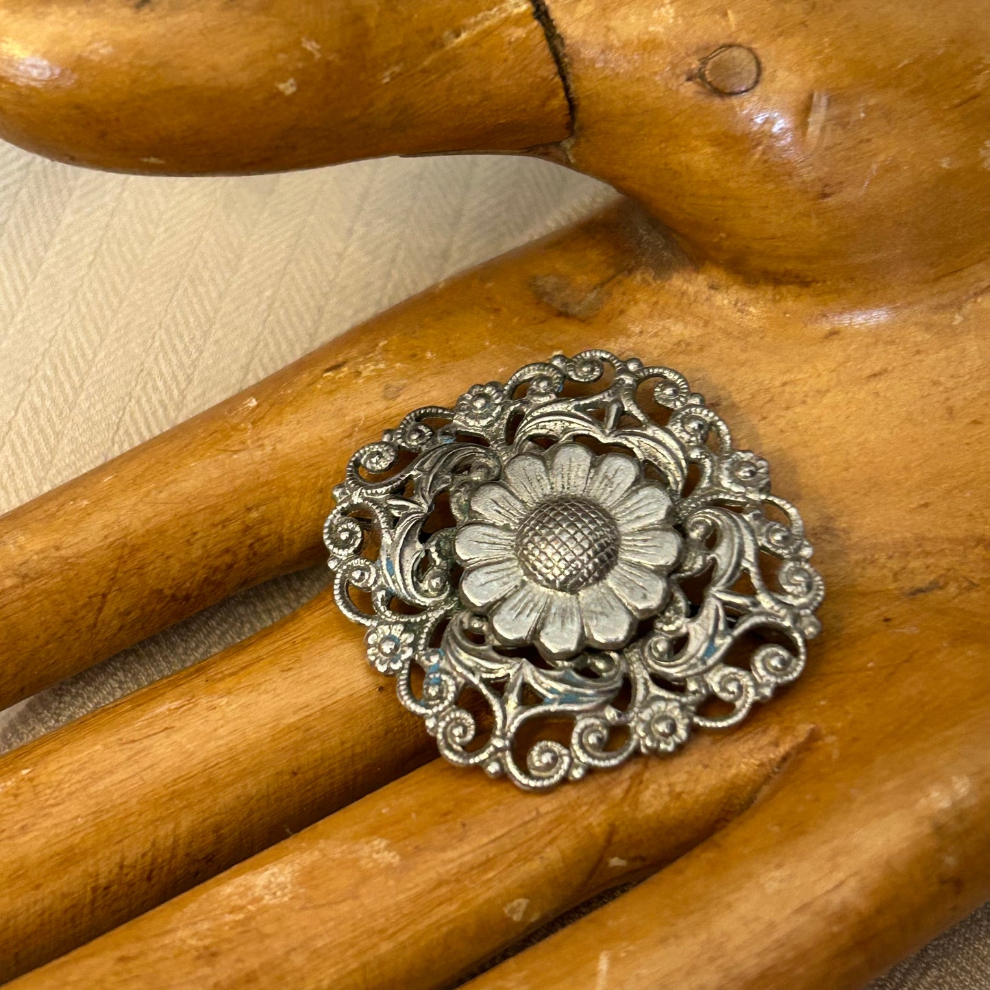 Silver Tone Filigree Brooch
