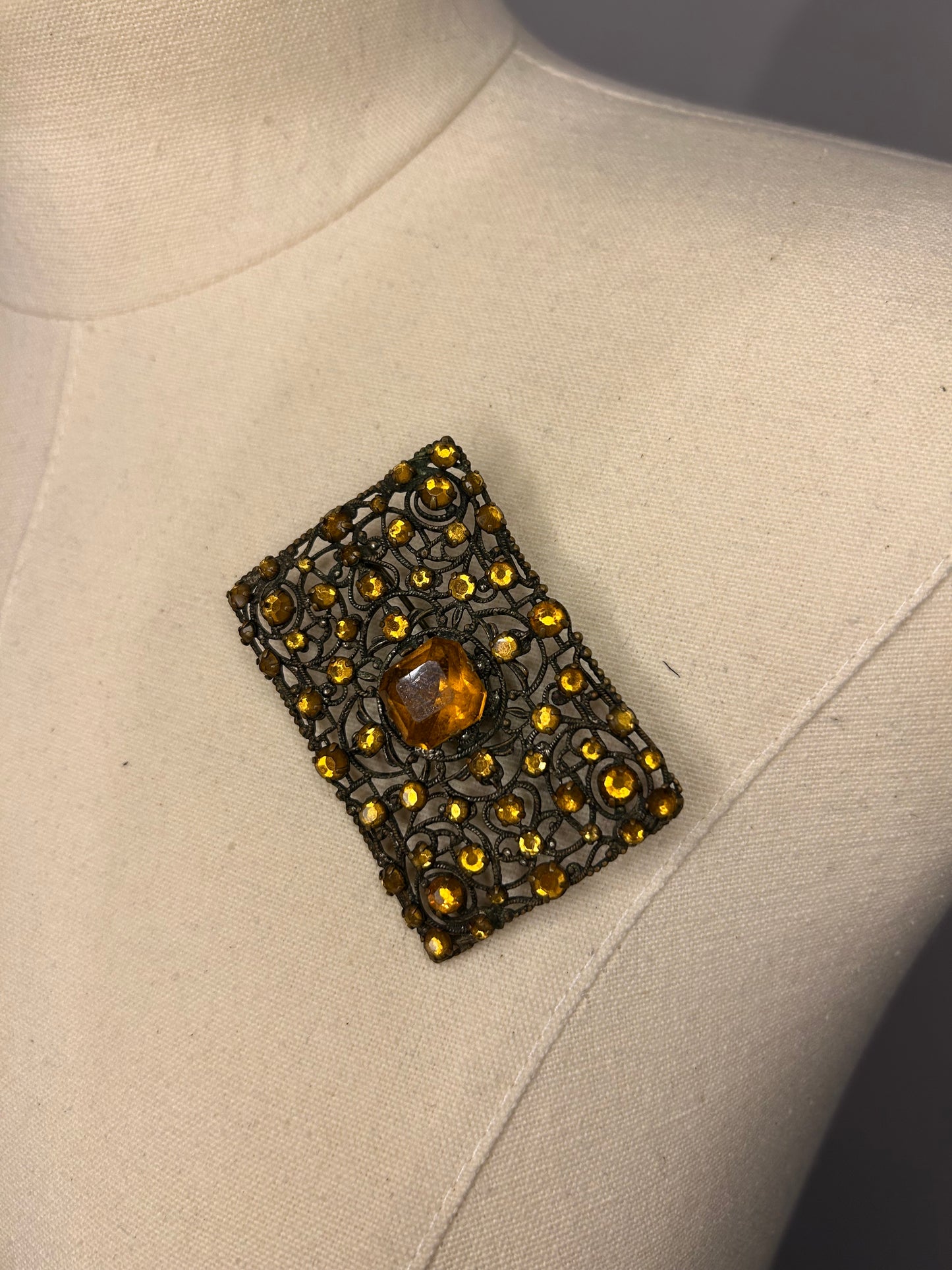 Orange Diamanté Filigree Brooch