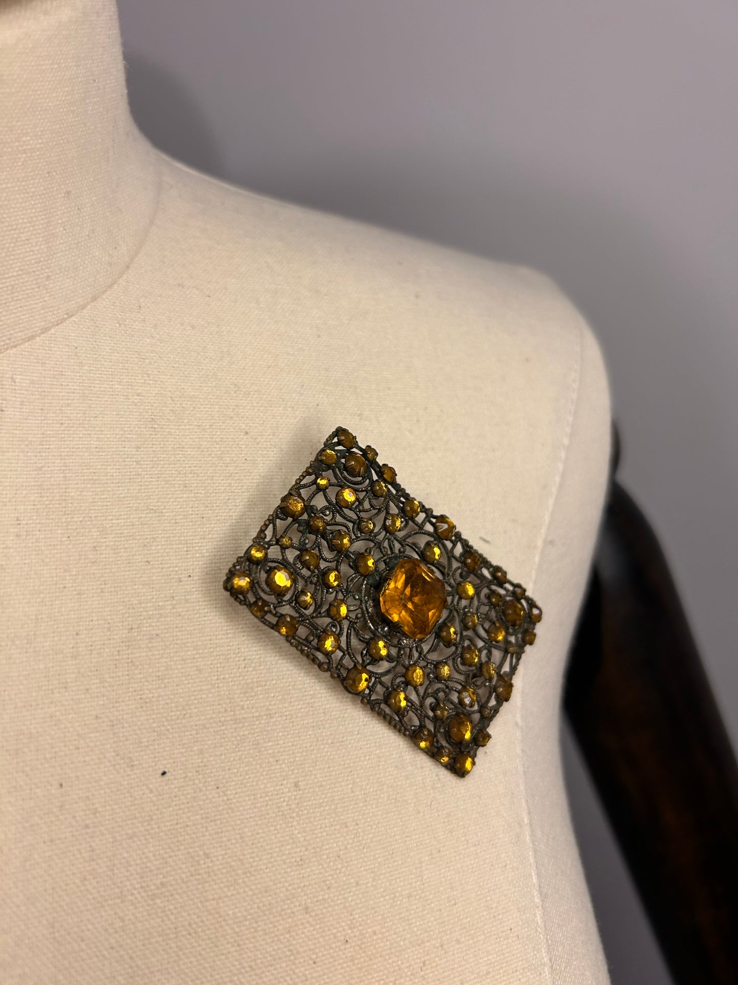 Orange Diamanté Filigree Brooch