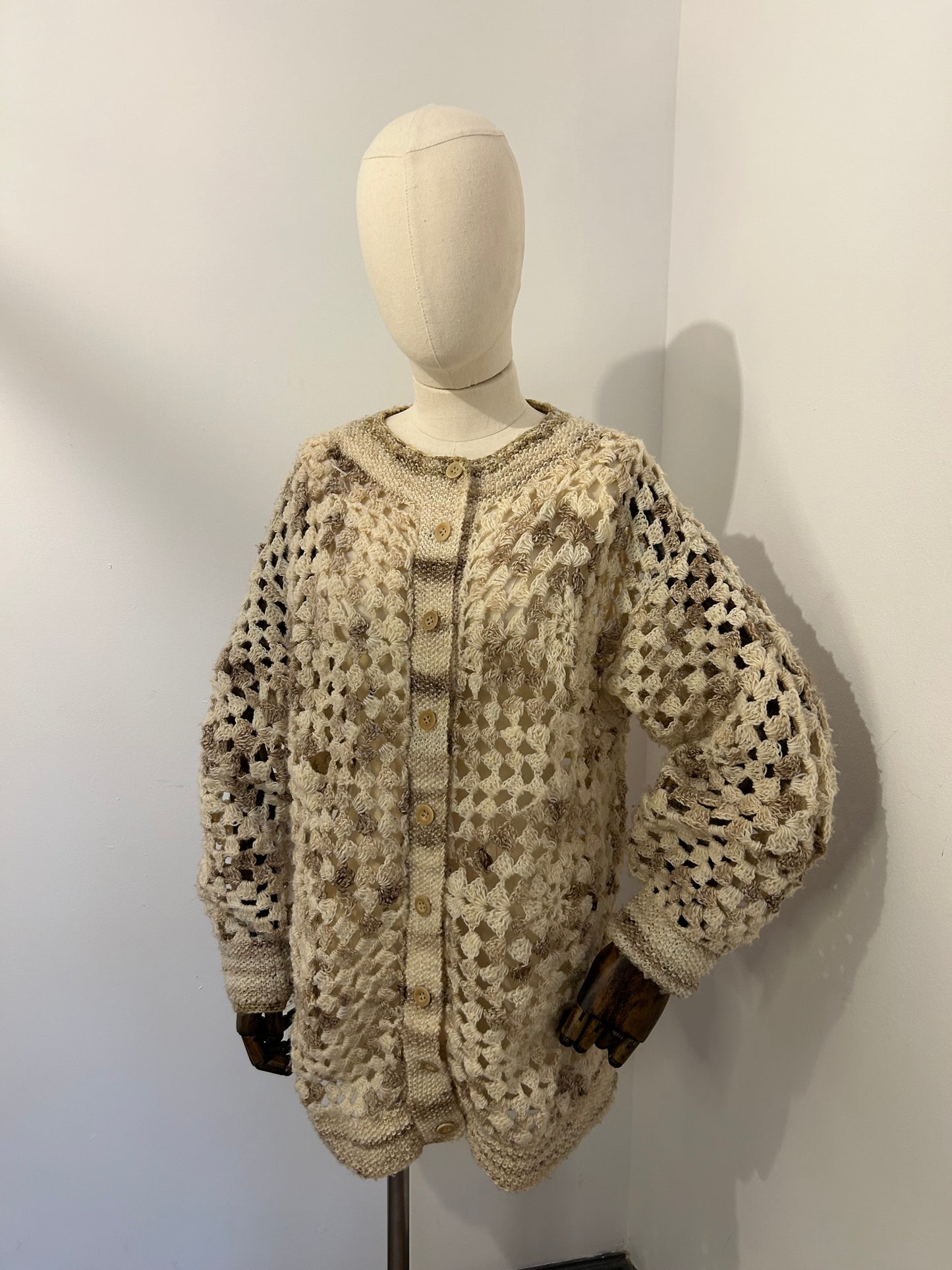 Cream and Brown Crochet Cardigan