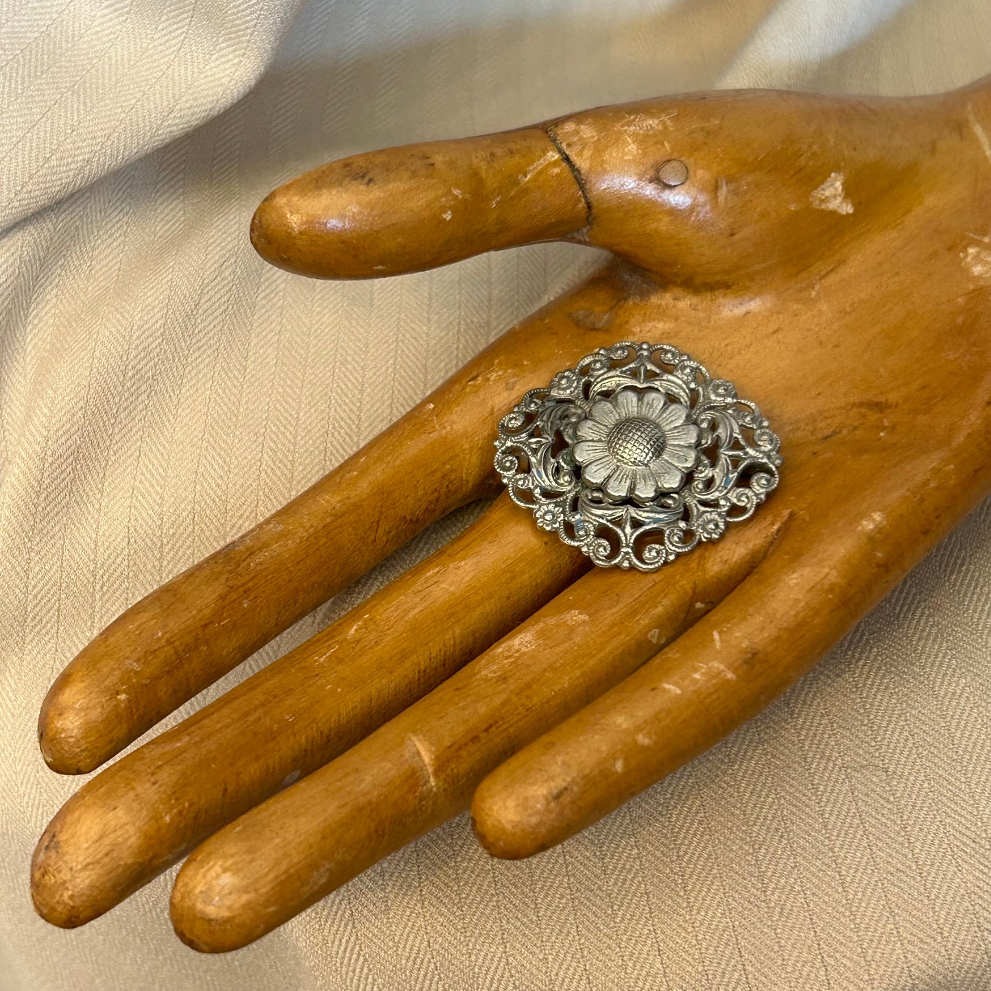 Silver Tone Filigree Brooch