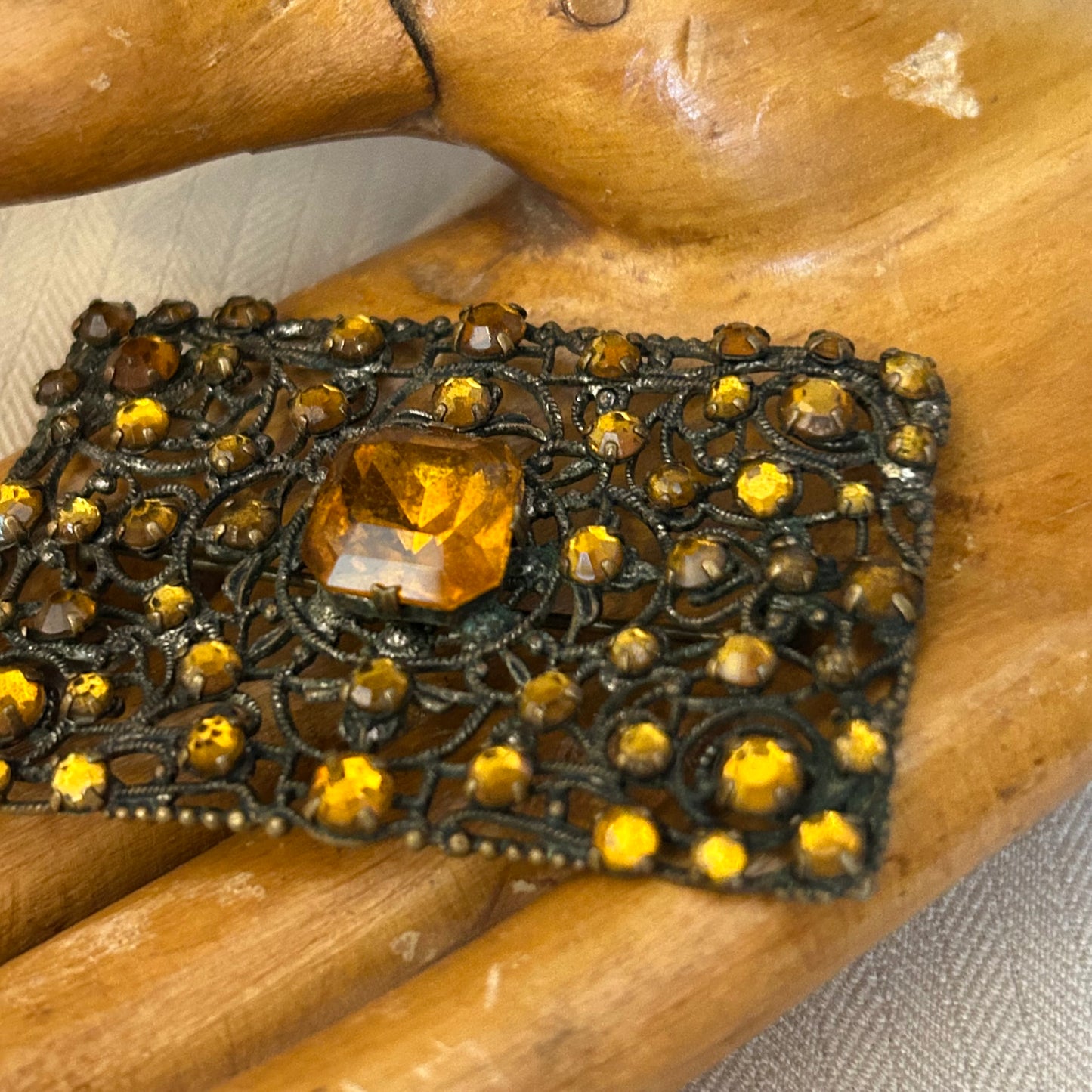 Filigree With Orange Rhinestones Brooch